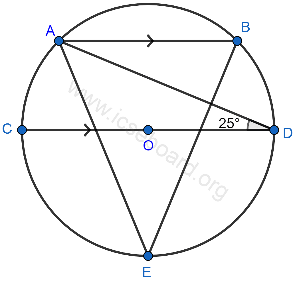 Concise Mathematics Selina Solutions Class 10 ICSE Chapter 17 Circles 20 In the figure, AB || CD and O is the center of the circle. If ∠ADC = 25°; find the angle AEB. Give reasons in support of your answer. Circles, Concise Mathematics Solutions ICSE Class 10.