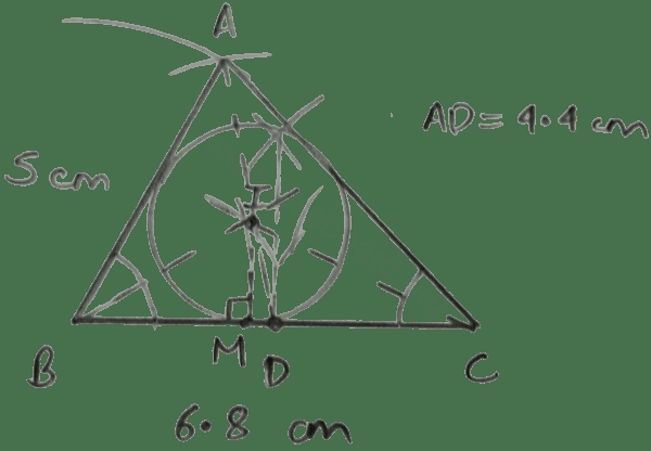 Concise Mathematics Selina Solutions Class 10 ICSE Chapter 19 Constructions (Circles) 22 Construct a triangle ABC in which AB = 5 cm, BC = 6.8 cm and median AD = 4.4 cm. Draw incircle of this triangle. Constructions, Concise Mathematics Solutions ICSE Class 10.