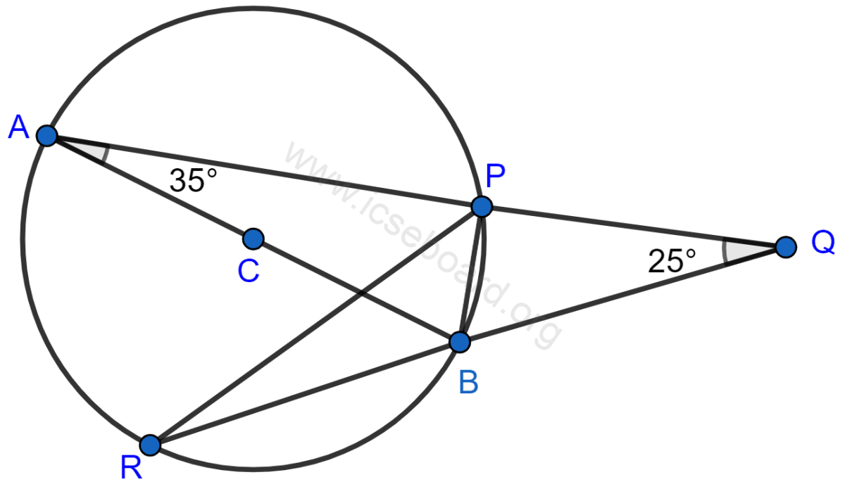 Concise Mathematics Selina Solutions Class 10 ICSE Chapter 17 Circles 22 AB is a diameter of the circle APBR as shown in the figure. APQ and RBQ are straight lines. Find ∠PRB, ∠PBR, ∠BPR. Circles, Concise Mathematics Solutions ICSE Class 10.