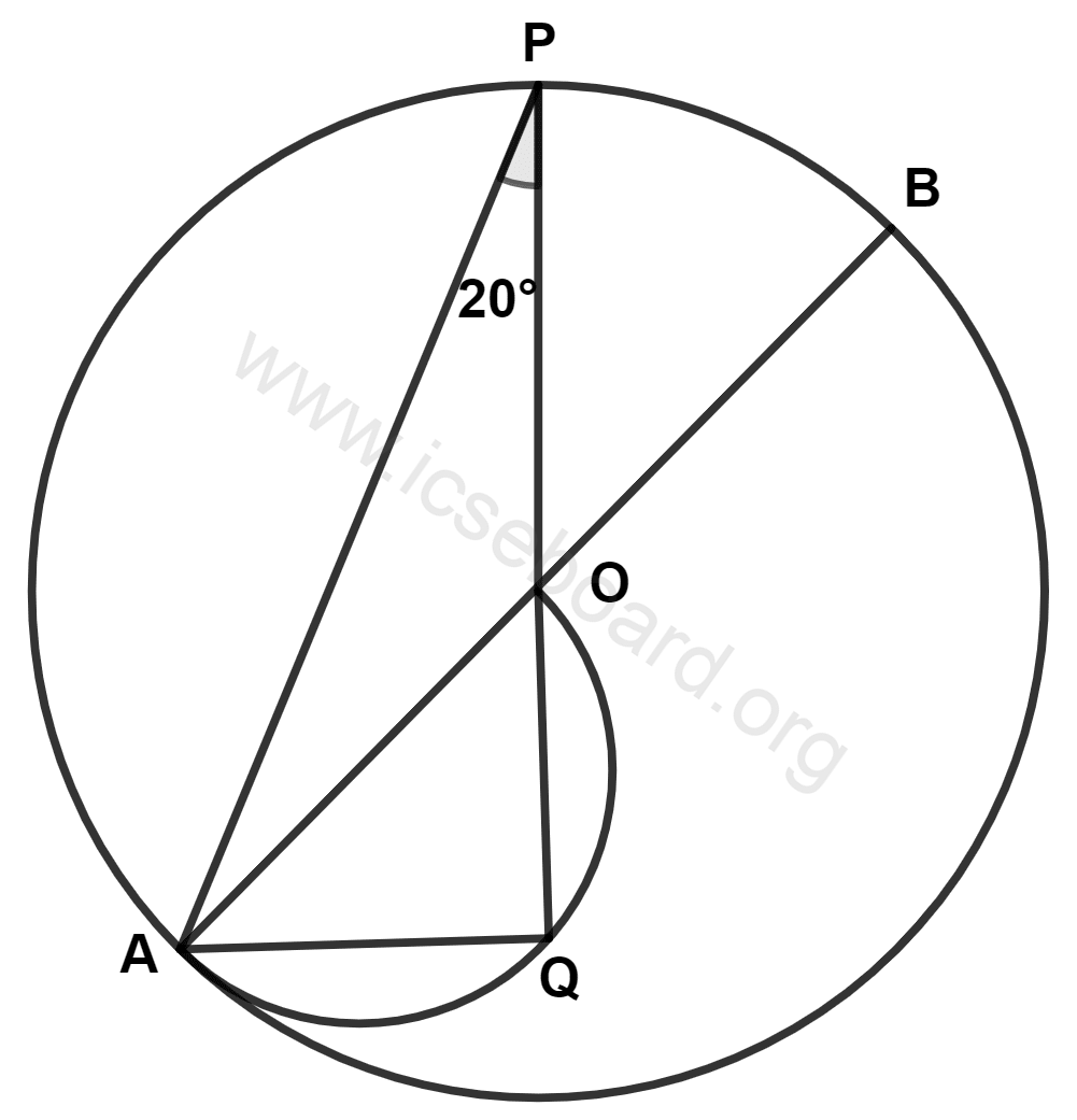ICSE Maths Solved Competency Focused Questions Solutions Class 10 Chapter 1 Multiple-Choice Questions 8 In the adjoining figure, O is the center of the circle, and a semicircle is drawn on OA as the diameter. ∠APQ = 20°. The degree measure of ∠OAQ is : Maths Competency Focused Practice Questions Class 10 Solutions.