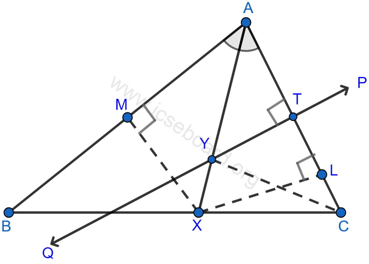 Given: AX bisects angle BAC and PQ is perpendicular bisector of AC which meets AX at point Y. Prove: (i) X is equidistant from AB and AC. (ii) Y is equidistant from A and C. Loci, Concise Mathematics Solutions ICSE Class 10.