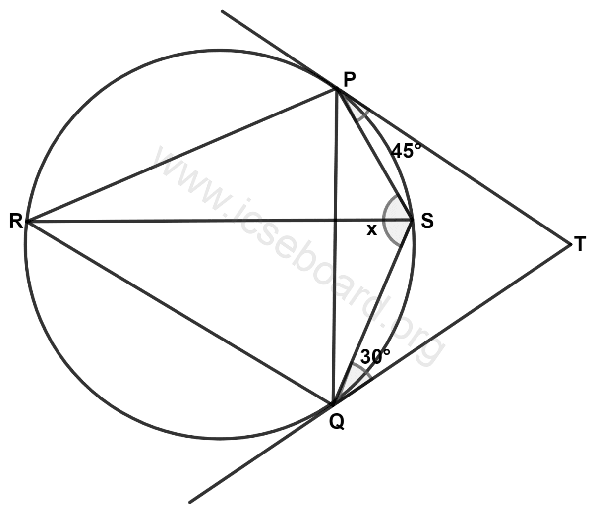 ICSE Maths Solved Competency Focused Questions Solutions Class 10 Chapter 1 Multiple-Choice Questions 10 In the given figure, PT and QT are tangents to a circle such that ∠TPS = 45° and ∠TQS = 30°. Then, the value of x is : Maths Competency Focused Practice Questions Class 10 Solutions.
