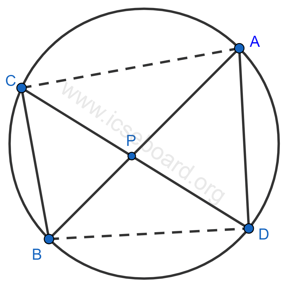 Concise Mathematics Selina Solutions Class 10 ICSE Chapter 27 Mixed Practice 5 If chords AB and CD of a circle intersect each other at a point P inside the circle, prove that : PA × PB = PC × PD. Mixed Practice, Concise Mathematics Solutions ICSE Class 10.