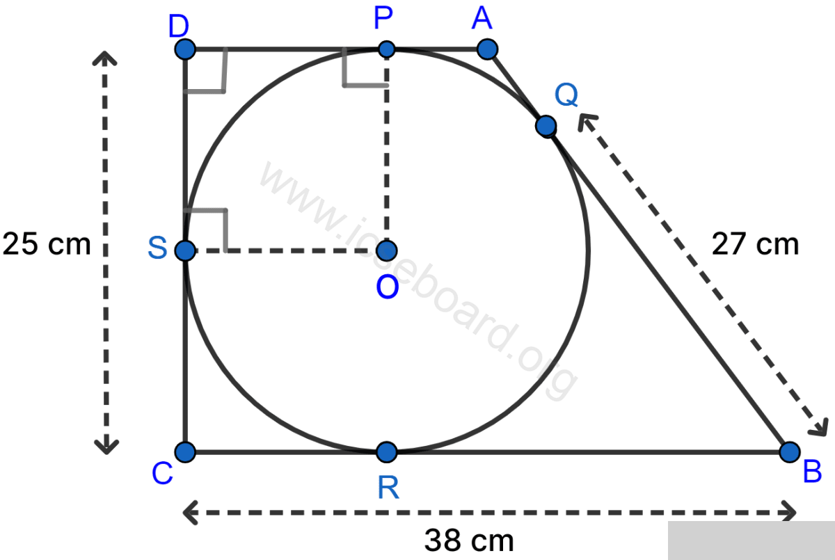 In the figure, a circle is inscribed in the quadrilateral ABCD. If BC = 38 cm, QB = 27 cm, DC = 25 cm and that AD is perpendicular to DC, find the radius of the circle. Tangents and Intersecting Chords, Concise Mathematics Solutions ICSE Class 10.