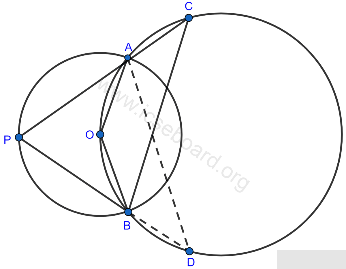 Concise Mathematics Selina Solutions Class 10 ICSE Chapter 17 Circles 62 The figure shows two circles which intersect at A and B. The center of the smaller circle is O and lies on the circumference of the larger circle. Given ∠APB = a°. Calculate, in terms of a°, the value of obtuse ∠AOB, ∠ACB, ∠ADB. Give reasons for your answers clearly. Circles, Concise Mathematics Solutions ICSE Class 10.