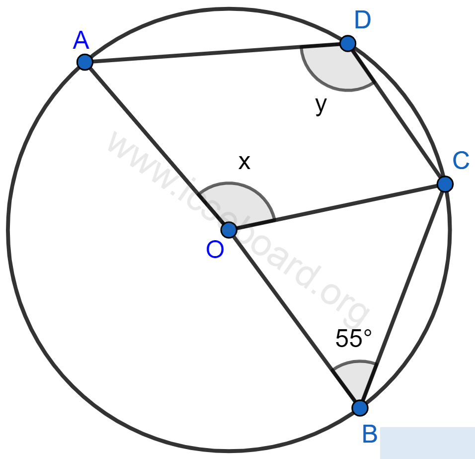 Concise Mathematics Selina Solutions Class 10 ICSE Chapter 17 Circles 63 In the given figure, O is the centre of the circle and ∠ABC = 55°. Calculate the values of x and y. Circles, Concise Mathematics Solutions ICSE Class 10.