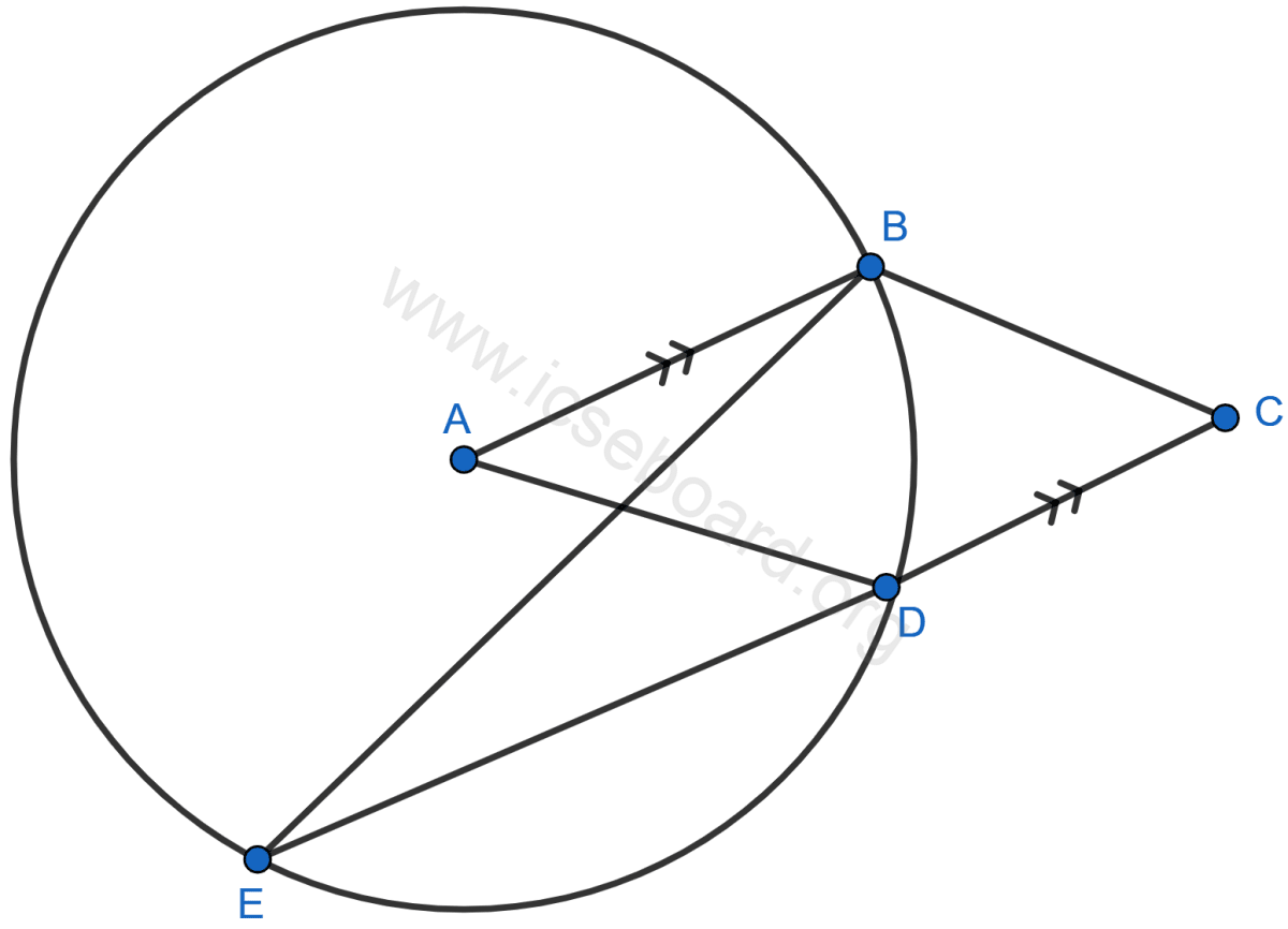 Concise Mathematics Selina Solutions Class 10 ICSE Chapter 17 Circles 23 In the given figure, A is the center of the circle, ABCD is a parallelogram and CDE is a straight line. Prove that : ∠BCD = 2∠ABE. Circles, Concise Mathematics Solutions ICSE Class 10.