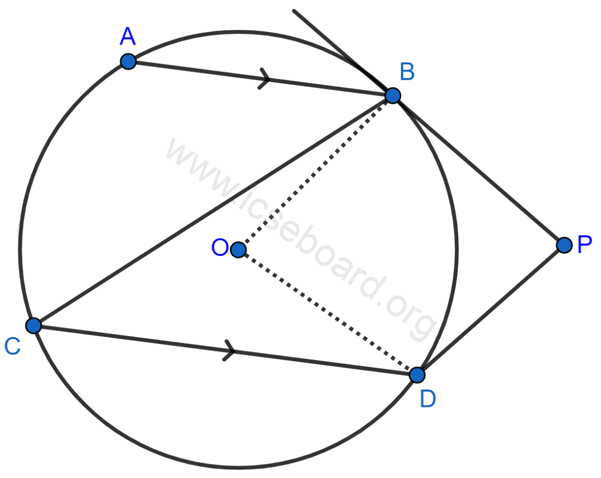 In the given figure, O is the center of the circle. The tangents at B and D intersect each other at point P. If AB is parallel to CD and ∠ABC = 55°, find (i) ∠BOD (ii) ∠BPD. Tangents and Intersecting Chords, Concise Mathematics Solutions ICSE Class 10.