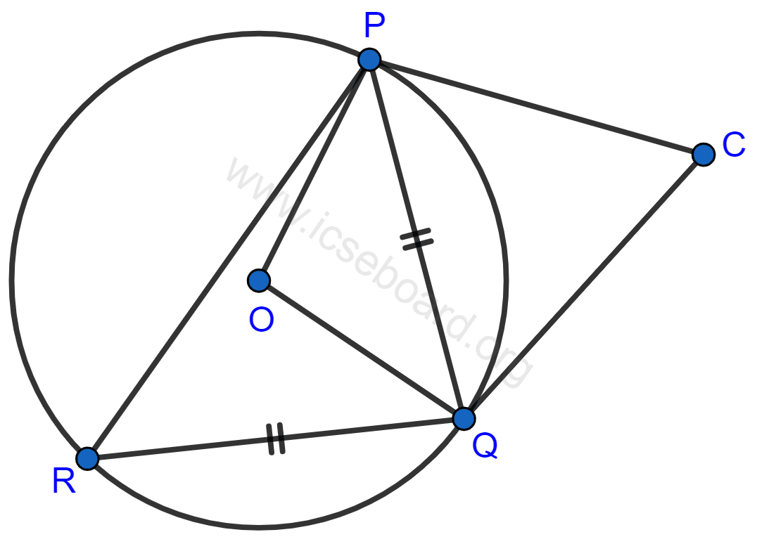 In the figure, PQ = QR, ∠RQP = 68°, PC and CQ are tangents to the circle with center O. Calculate the values of : (i) ∠QOP (ii) ∠QCP. Tangents and Intersecting Chords, Concise Mathematics Solutions ICSE Class 10.