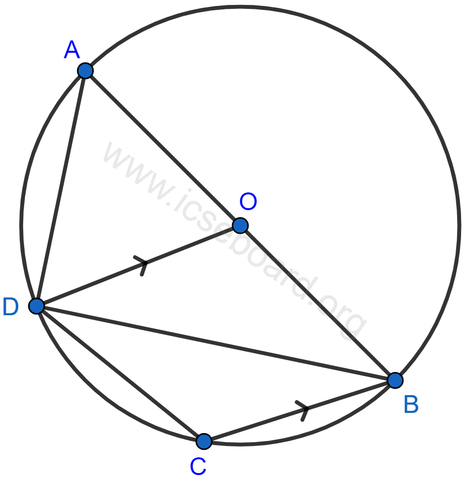 Concise Mathematics Selina Solutions Class 10 ICSE Chapter 17 Circles 66 In the given figure, AB is a diameter of the circle with center O. DO is parallel to CB and ∠DCB = 120°. Calculate :∠DAB, ∠DBA, ∠DBC, ∠ADC. Also, show that the △AOD is an equilateral triangle. Circles, Concise Mathematics Solutions ICSE Class 10.
