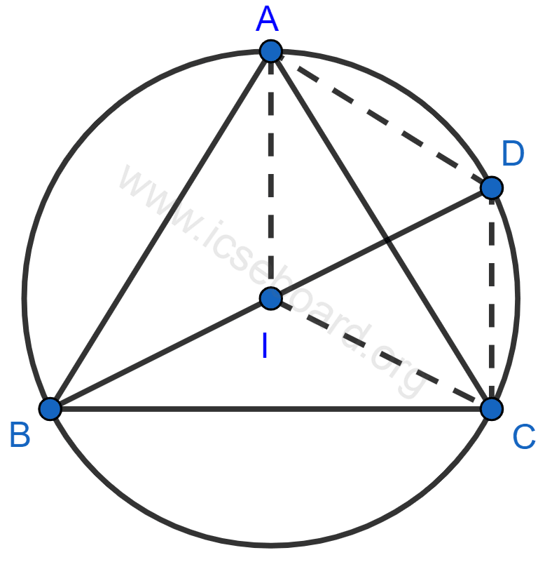 Concise Mathematics Selina Solutions Class 10 ICSE Chapter 17 Circles 25 In the figure, I is the incenter of △ABC, BI when produced meets the circumcircle of △ABC at D. Given, ∠BAC = 55° and ∠ACB = 65°; calculate : ∠DCA, ∠DAC, ∠DCI, ∠AIC. Circles, Concise Mathematics Solutions ICSE Class 10.