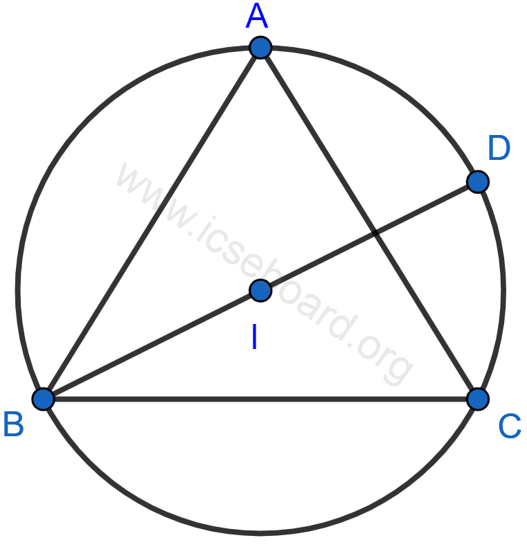 Concise Mathematics Selina Solutions Class 10 ICSE Chapter 17 Circles 24 In the figure, I is the incenter of △ABC, BI when produced meets the circumcircle of △ABC at D. Given, ∠BAC = 55° and ∠ACB = 65°; calculate : ∠DCA, ∠DAC, ∠DCI, ∠AIC. Circles, Concise Mathematics Solutions ICSE Class 10.