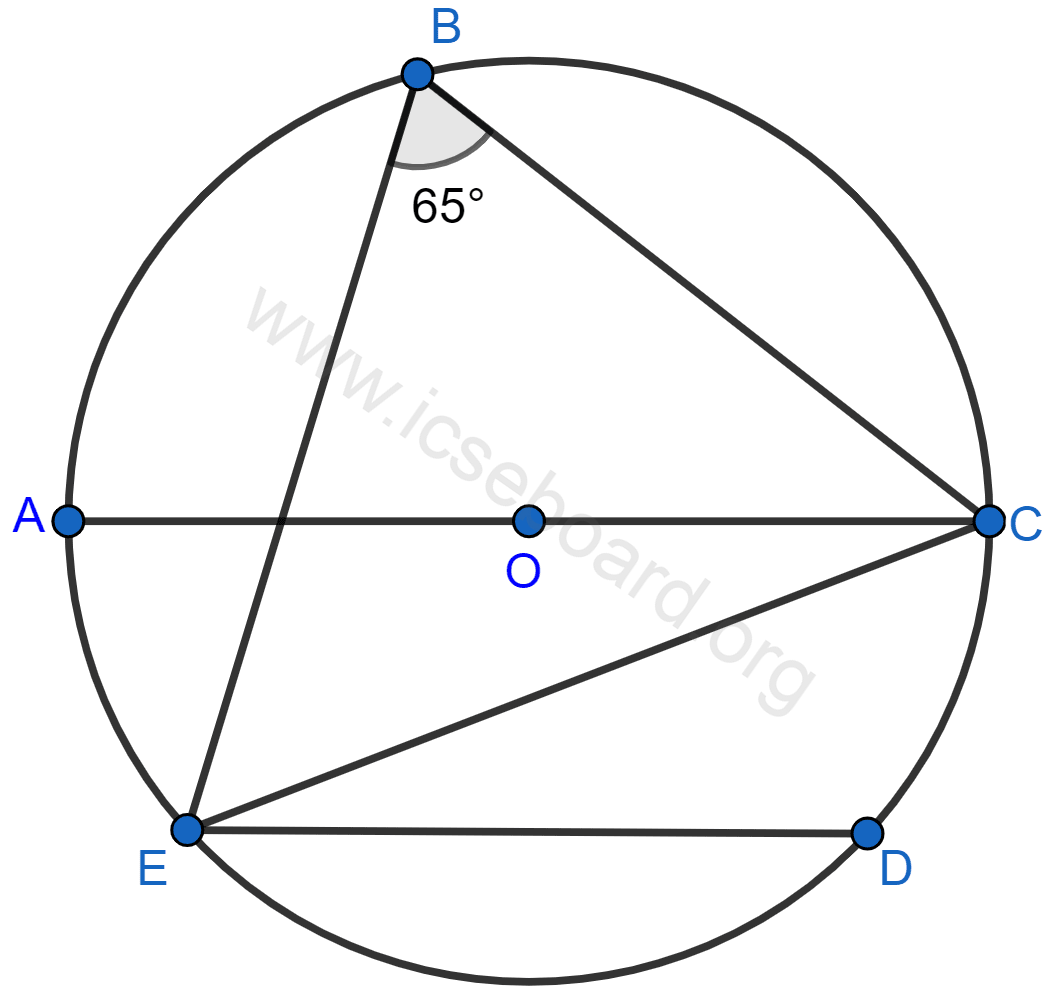 Concise Mathematics Selina Solutions Class 10 ICSE Chapter 17 Circles 129 In the given figure, chord ED is parallel to diameter AC of the circle. Given ∠CBE = 65°, calculate ∠DEC. Circles, Concise Mathematics Solutions ICSE Class 10.