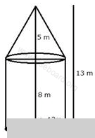A circus tent is cylindrical to a height of 8 m surmounted by a conical part. If total height of the tent is 13 m and the diameter of its base is 24 m; calculate: (i) total surface area of the tent (ii) area of canvas, required to make this tent allowing 10% of the canvas used for folds and stitching. Cylinder, Cone, Sphere, Concise Mathematics Solutions ICSE Class 10.