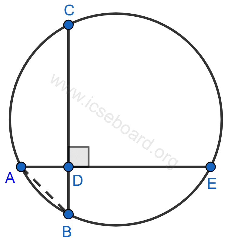 In the figure, AE and BC intersect each other at point D. If ∠CDE = 90°, AB = 5 cm, BD = 4 cm and CD = 9 cm, find AE. Tangents and Intersecting Chords, Concise Mathematics Solutions ICSE Class 10.