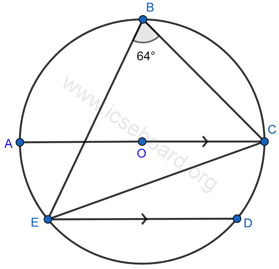 Concise Mathematics Selina Solutions Class 10 ICSE Chapter 17 Circles 71 In the given figure, AOC is a diameter and AC is parallel to ED. If ∠CBE = 64°, calculate ∠DEC. Circles, Concise Mathematics Solutions ICSE Class 10.