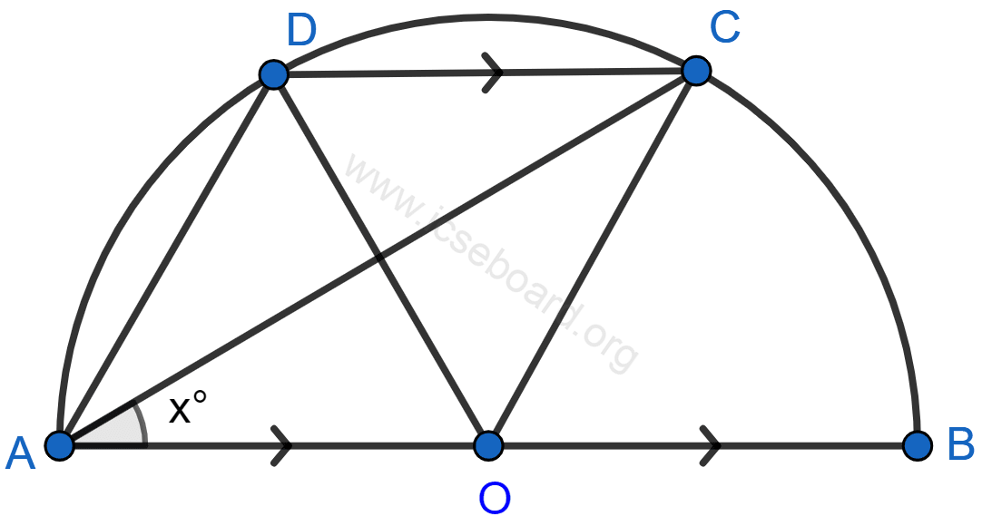 Concise Mathematics Selina Solutions Class 10 ICSE Chapter 17 Circles 30 In the given figure, AOB is a diameter and DC is parallel to AB. If ∠CAB = x°; find (in terms of x) the values of : ∠COB, ∠DOC, ∠DAC, ∠ADC. Circles, Concise Mathematics Solutions ICSE Class 10.