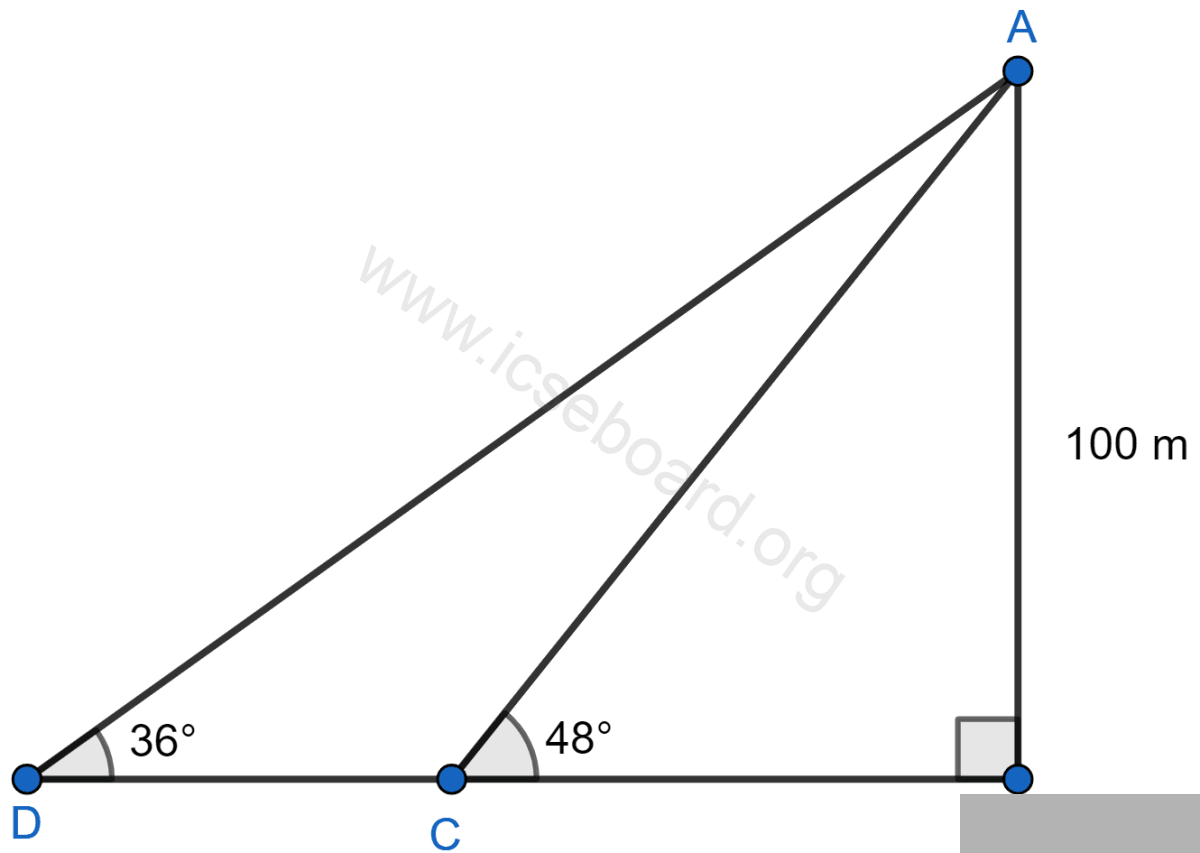 From the top of a light house 100 m high, the angles of depression of two ships are observed as 48° and 36° respectively. Find the distance between the two ships (in the nearest metre) if: (i) the ships are on the same side of the light house. (ii) the ships are on the opposite sides of the light house. Heights and Distances, Concise Mathematics Solutions ICSE Class 10.