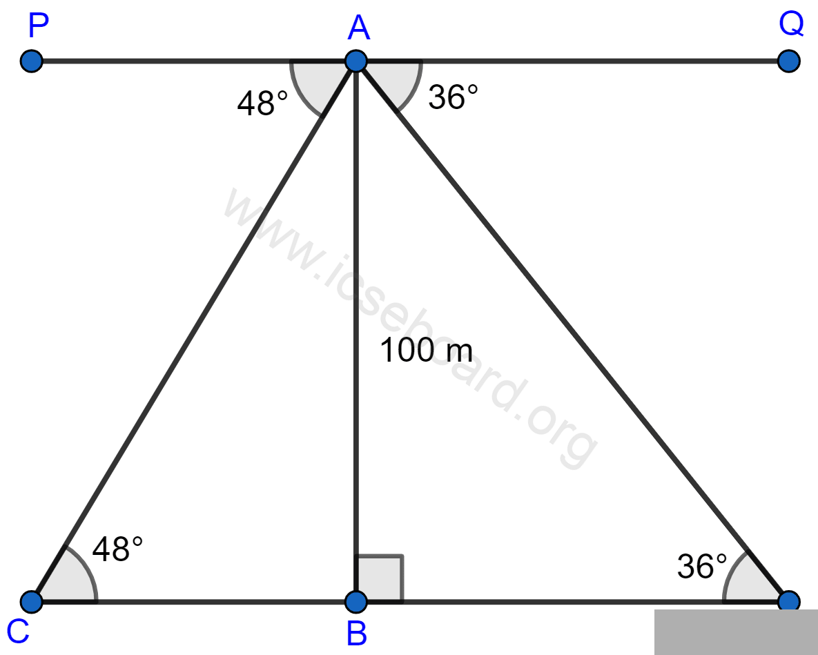 From the top of a light house 100 m high, the angles of depression of two ships are observed as 48° and 36° respectively. Find the distance between the two ships (in the nearest metre) if: (i) the ships are on the same side of the light house. (ii) the ships are on the opposite sides of the light house. Heights and Distances, Concise Mathematics Solutions ICSE Class 10.