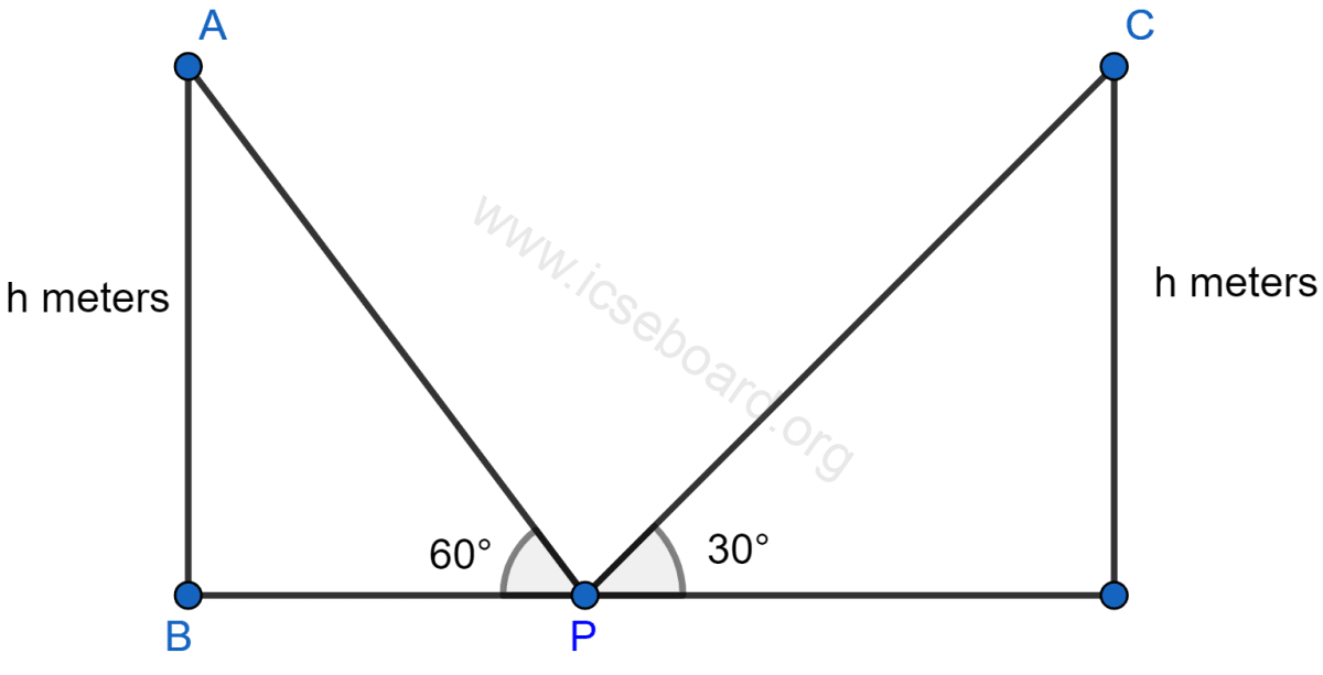 Two pillars of equal heights stand on either side of a roadway, which is 150 m wide. At a point in the roadway between the pillars the elevations of the tops of the pillars are 60° and 30°; find the height of the pillars and the position of the point. Heights and Distances, Concise Mathematics Solutions ICSE Class 10.