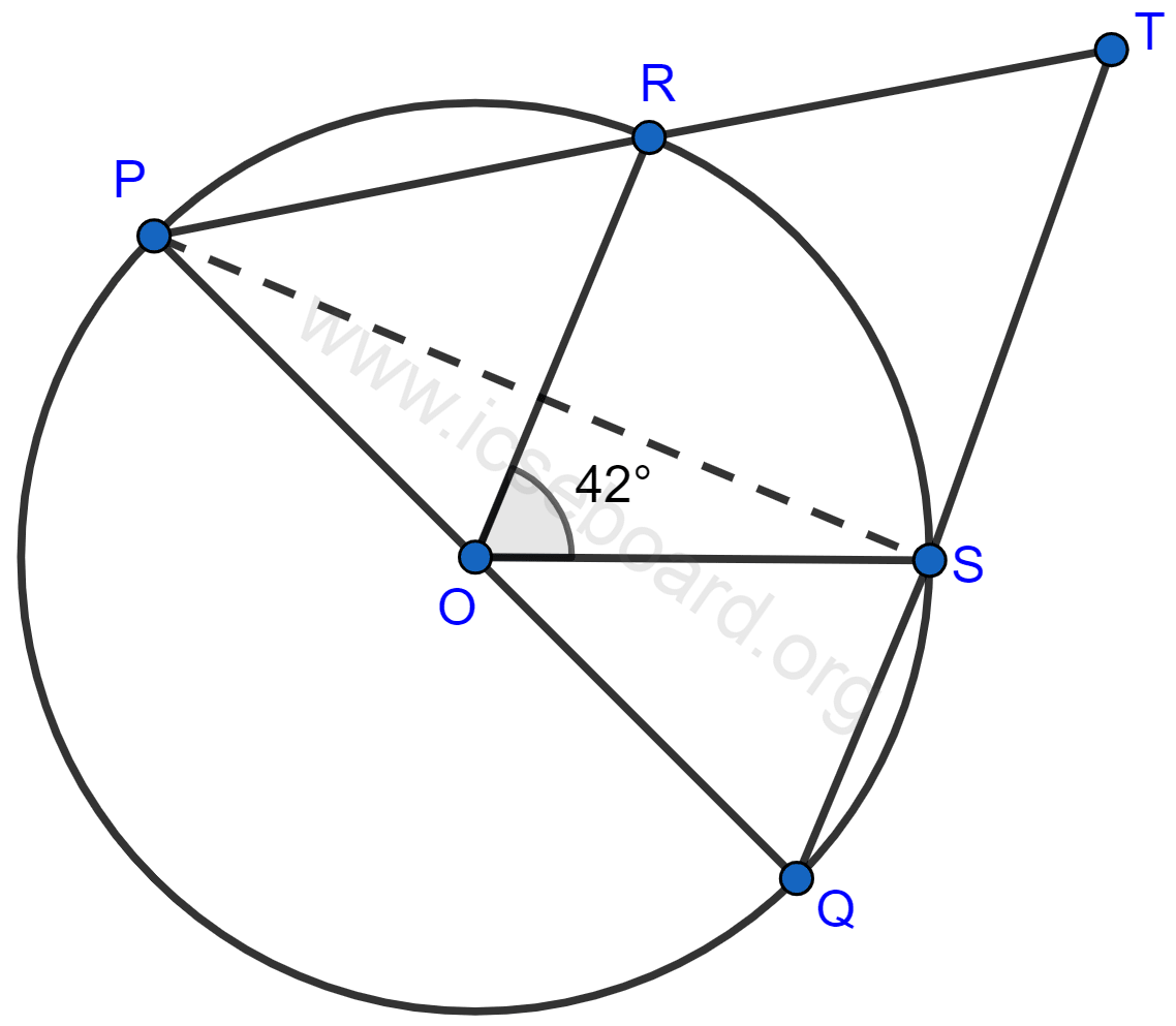 Concise Mathematics Selina Solutions Class 10 ICSE Chapter 17 Circles 32 In the given figure, PQ is the diameter of the circle whose center is O. Given, ∠ROS = 42°, calculate ∠RTS. Circles, Concise Mathematics Solutions ICSE Class 10.