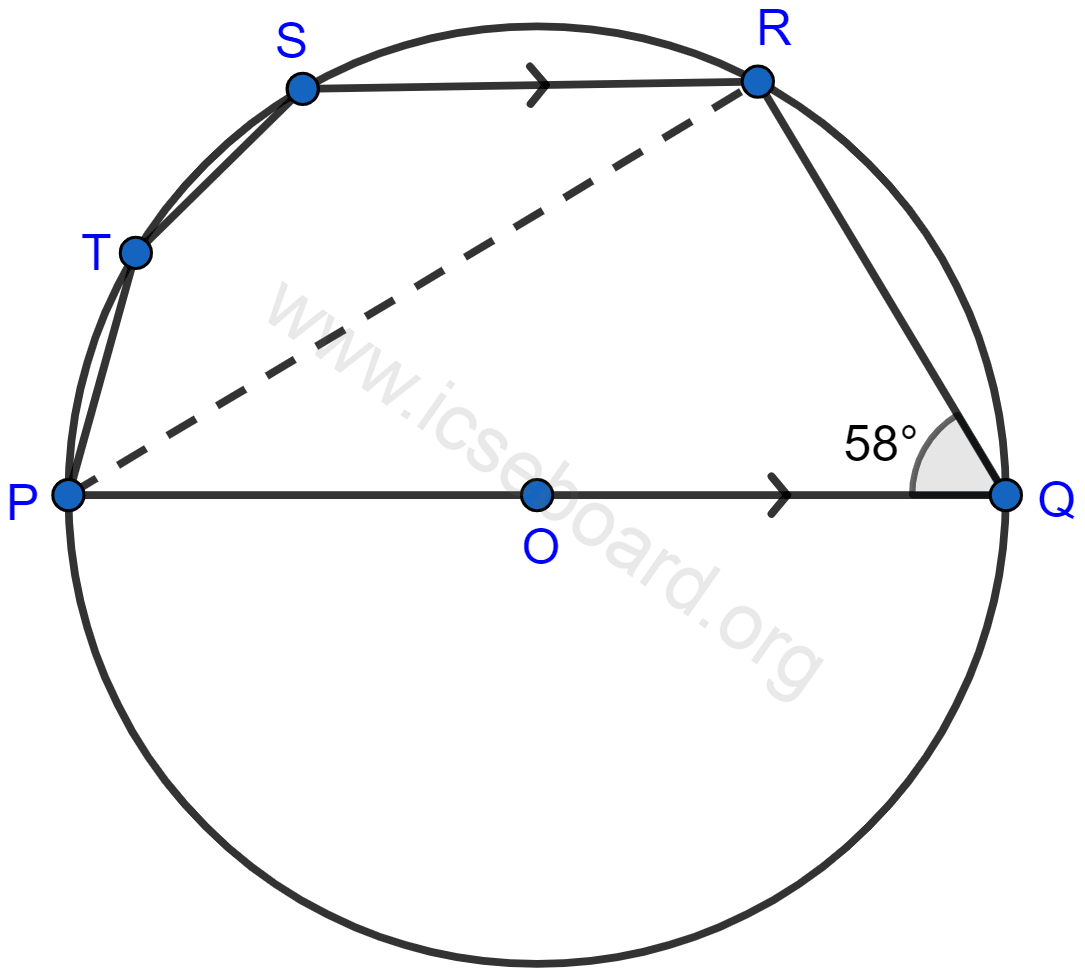 Concise Mathematics Selina Solutions Class 10 ICSE Chapter 17 Circles 75 In the given figure, PQ is a diameter. Chord SR is parallel to PQ. Given that ∠PQR = 58°, Calculate ∠RPQ ∠STP. Circles, Concise Mathematics Solutions ICSE Class 10.