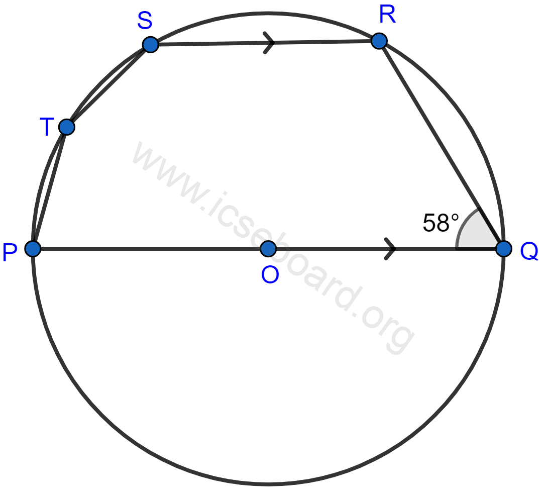 Concise Mathematics Selina Solutions Class 10 ICSE Chapter 17 Circles 74 In the given figure, PQ is a diameter. Chord SR is parallel to PQ. Given that ∠PQR = 58°, Calculate ∠RPQ ∠STP. Circles, Concise Mathematics Solutions ICSE Class 10.