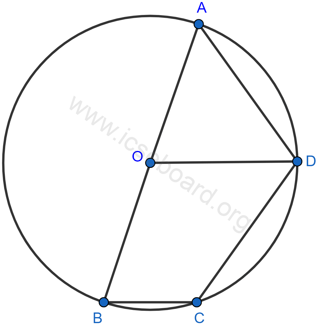 Concise Mathematics Selina Solutions Class 10 ICSE Chapter 17 Circles 76 AB is the diameter of the circle with center O. OD is parallel to BC and ∠AOD = 60°. Calculate the numerical values of : ∠ABD, ∠DBC, ∠ADC. Circles, Concise Mathematics Solutions ICSE Class 10.