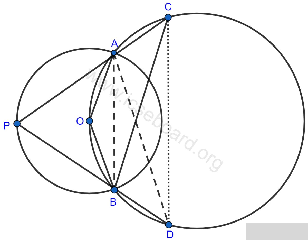 Concise Mathematics Selina Solutions Class 10 ICSE Chapter 17 Circles 79 In the given figure, the center O of the small circle lies on the circumference of the bigger circle. If ∠APB = 75° and ∠BCD = 40°, find ∠AOB, ∠ACB, ∠ABD, ∠ADB. Circles, Concise Mathematics Solutions ICSE Class 10.
