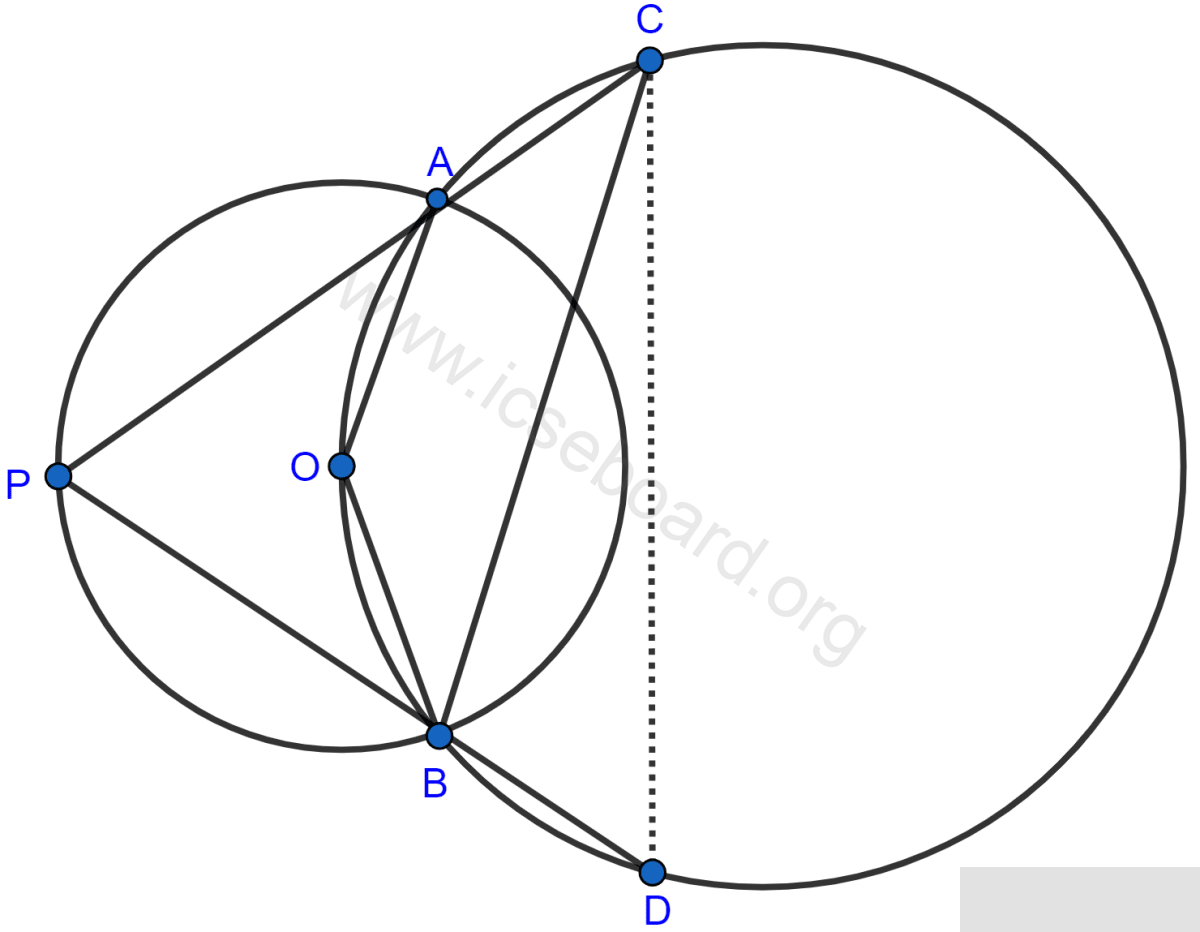 Concise Mathematics Selina Solutions Class 10 ICSE Chapter 17 Circles 78 In the given figure, the center O of the small circle lies on the circumference of the bigger circle. If ∠APB = 75° and ∠BCD = 40°, find ∠AOB, ∠ACB, ∠ABD, ∠ADB. Circles, Concise Mathematics Solutions ICSE Class 10.