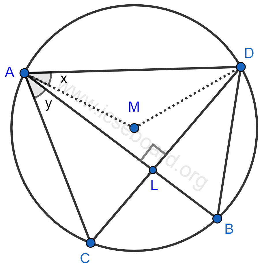 Concise Mathematics Selina Solutions Class 10 ICSE Chapter 17 Circles 36 In the given figure, M is the centre of the circle. Chords AB and CD are perpendicular to each other. If ∠MAD = x and ∠BAC = y : express ∠AMD in terms of x, express ∠ABD in terms of y, prove that : x = y. Circles, Concise Mathematics Solutions ICSE Class 10.