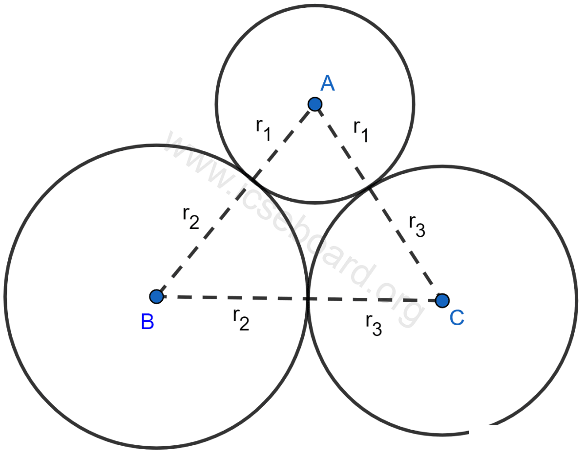 Three circles touch each other externally. A triangle is formed when the centers of these circles are joined together. Find the radii of the circles, if the sides of the triangle formed are 6 cm, 8 cm and 9 cm. Tangents and Intersecting Chords, Concise Mathematics Solutions ICSE Class 10.