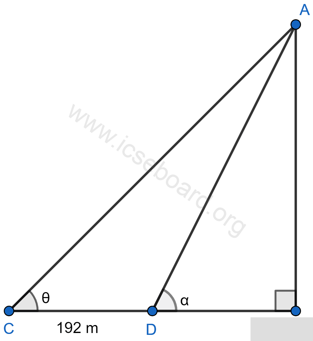 At a point on level ground, the angle of elevation of a vertical tower is found to be such that its tangent is. On walking 192 meters towards the tower; the tangent of the angle is found to be. Find the height of the tower. Heights and Distances, Concise Mathematics Solutions ICSE Class 10.