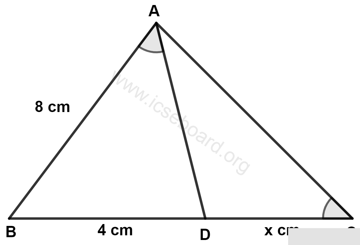 ICSE Maths Solved Competency Focused Questions Solutions Class 10 Chapter 2 Short Answer Questions 1 4 Given a triangle ABC, and D is a point on BC such that BD = 4 cm and DC = x cm. If ∠BAD = ∠C and AB = 8 cm, then. Maths Competency Focused Practice Questions Class 10 Solutions.