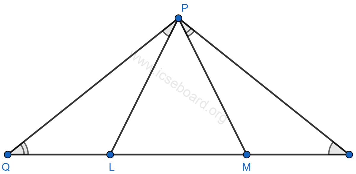 Concise Mathematics Selina Solutions Class 10 ICSE Chapter 27 Mixed Practice 12 In a triangle PQR, L and M are two points on the base QR, such that ∠LPQ = ∠QRP and ∠RPM = ∠RQP. Prove that : (i) △PQL ~ △RPM (ii) QL × RM = PL × PM (iii) PQ2 = QR × QL. Mixed Practice, Concise Mathematics Solutions ICSE Class 10.