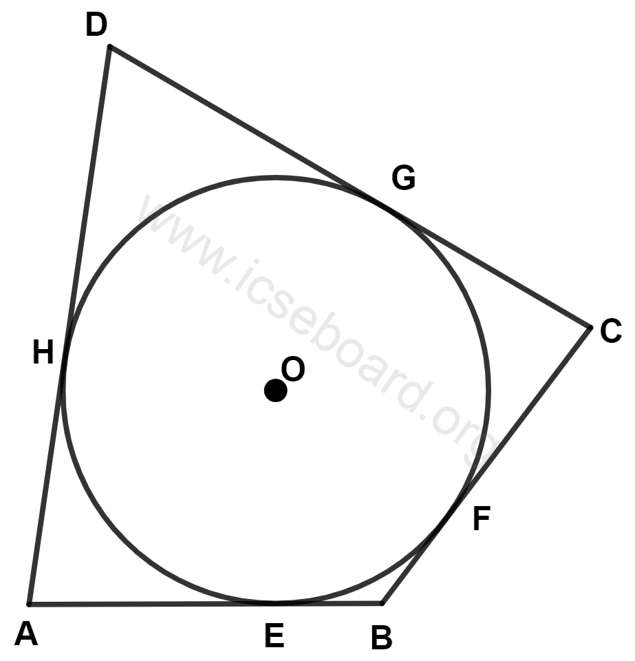 ICSE Maths Solved Competency Focused Questions Solutions Class 10 Chapter 2 Short Answer Questions 1 6 In the given figure O is the centre of the circle. ABCD is a quadrilateral where sides AB, BC, CD and DA touch the circle at E, F, G and H respectively. If AB = 15 cm, BC = 18 cm and AD = 24 cm, find the length of CD. Maths Competency Focused Practice Questions Class 10 Solutions.