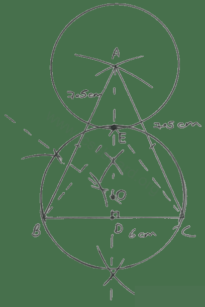 Concise Mathematics Selina Solutions Class 10 ICSE Chapter 27 Mixed Practice 16 Use ruler and compasses for this question. (i) Construct an isosceles triangle ABC in which AB = AC = 7.5 cm and BC = 6 cm. (ii) Draw AD, the perpendicular from vertex A to side BC. (iii) Draw a circle with center A and radius 2.8 cm, cutting AD at E. (iv) Construct another circle to circumscribe the triangle BCE. Mixed Practice, Concise Mathematics Solutions ICSE Class 10.