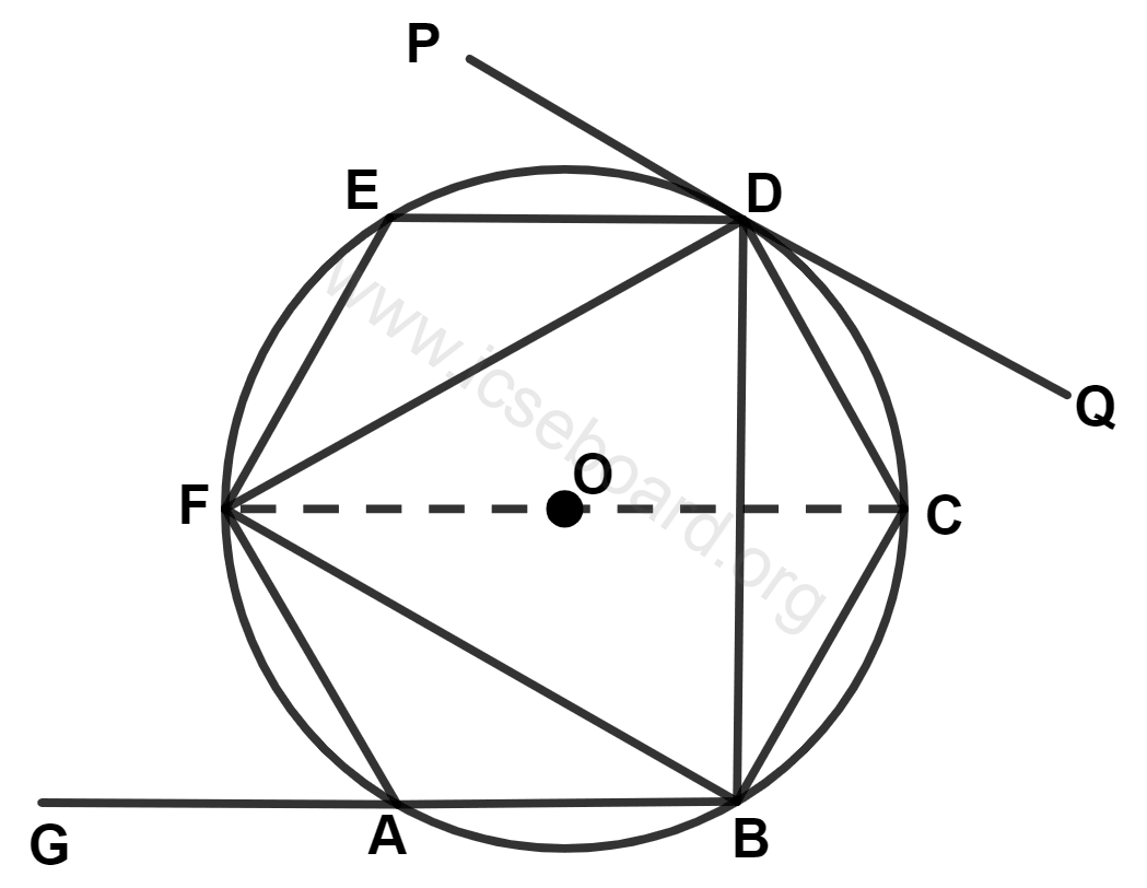 ICSE Maths Solved Competency Focused Questions Solutions Class 10 Chapter 2 Short Answer Questions 1 8 In the given diagram, ABCDEF is a regular hexagon inscribed in a circle with centre O. PQ is a tangent to the circle at D. Find the value of : Maths Competency Focused Practice Questions Class 10 Solutions.