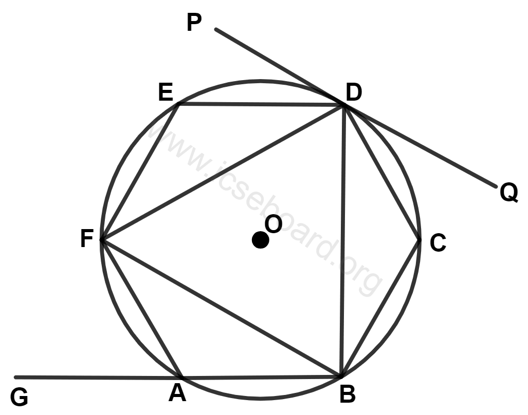 ICSE Maths Solved Competency Focused Questions Solutions Class 10 Chapter 2 Short Answer Questions 1 7 In the given diagram, ABCDEF is a regular hexagon inscribed in a circle with centre O. PQ is a tangent to the circle at D. Find the value of : Maths Competency Focused Practice Questions Class 10 Solutions.
