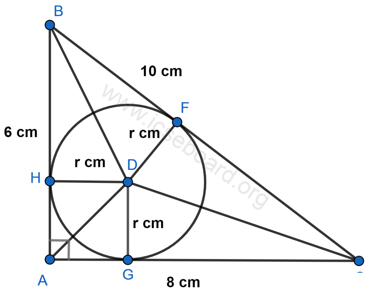 Concise Mathematics Selina Solutions Class 10 ICSE Chapter 27 Mixed Practice 17 In triangle ABC, ∠BAC = 90°, AB = 6 cm and BC = 10 cm. A circle is drawn inside the triangle which touches all the sides of the triangle (i.e. an incircle of △ABC is drawn). Find the area of the triangle excluding the circle. Mixed Practice, Concise Mathematics Solutions ICSE Class 10.