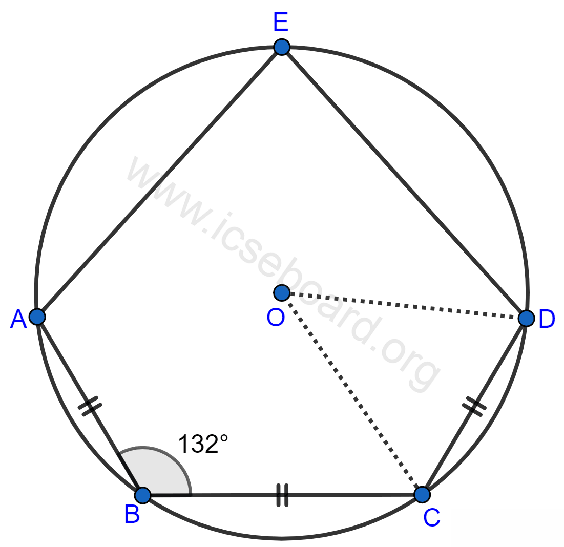 Concise Mathematics Selina Solutions Class 10 ICSE Chapter 17 Circles 97 In the given figure, AB = BC = CD and ∠ABC = 132°. Calculate : ∠AEB, ∠AED, ∠COD. Circles, Concise Mathematics Solutions ICSE Class 10.