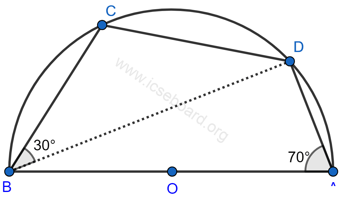 In the figure, C and D are points on the semi-circle described on AB as diameter. Given angle BAD = 70° and angle DBC = 30°, calculate angle BDC. Tangents and Intersecting Chords, Concise Mathematics Solutions ICSE Class 10.