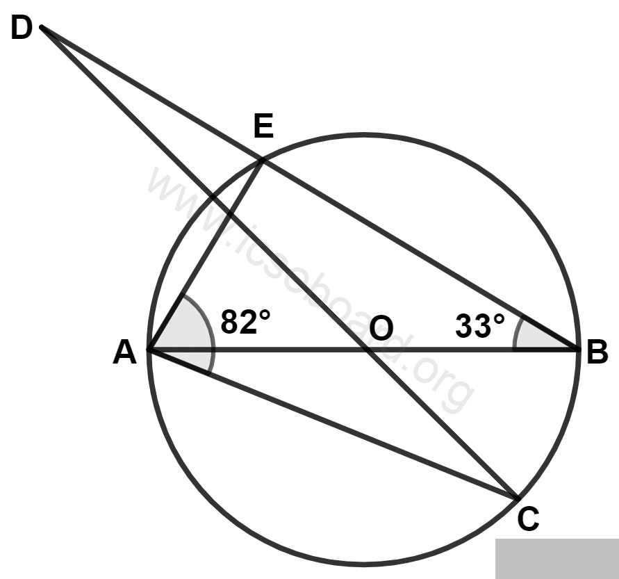 ICSE Maths Solved Competency Focused Questions Solutions Class 10 Chapter 2 Short Answer Questions 1 9 AB and CD intersect at the center O of the circle given in the above diagram. If ∠EBA = 33° and ∠EAC = 82°, find . Maths Competency Focused Practice Questions Class 10 Solutions.