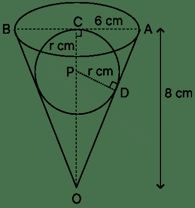 Concise Mathematics Selina Solutions Class 10 ICSE Chapter 27 Mixed Practice 18 A conical vessel of radius 6 cm and height 8 cm is completely filled with water. A sphere is lowered into the water and its size is such that when it touches the sides it is just immersed . What fraction of water overflows. Mixed Practice, Concise Mathematics Solutions ICSE Class 10.