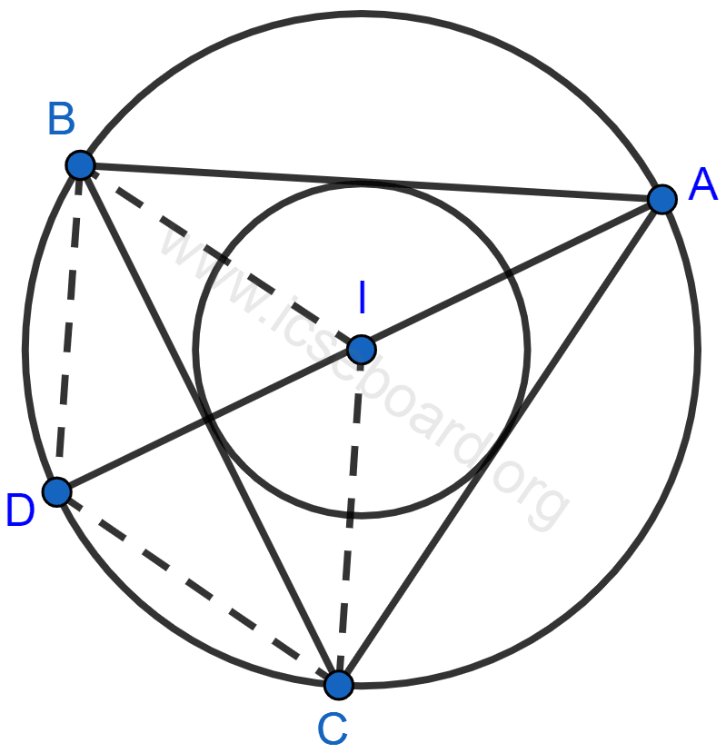 Concise Mathematics Selina Solutions Class 10 ICSE Chapter 17 Circles 135 If I is the incentre of triangle ABC and AI when produced meets the circumcircle of triangle ABC in point D. If ∠BAC = 66° and ∠ABC = 80°. Calculate : (i) ∠DBC, (ii) ∠IBC, (iii) ∠BIC. Circles, Concise Mathematics Solutions ICSE Class 10.