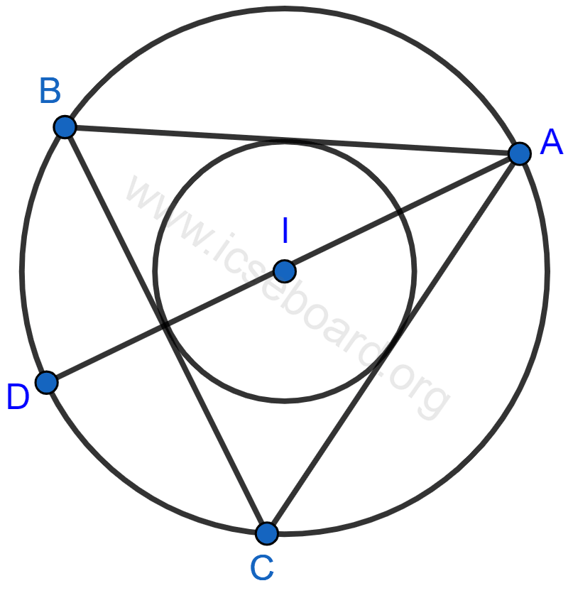 Concise Mathematics Selina Solutions Class 10 ICSE Chapter 17 Circles 134 If I is the incentre of triangle ABC and AI when produced meets the circumcircle of triangle ABC in point D. If ∠BAC = 66° and ∠ABC = 80°. Calculate : (i) ∠DBC, (ii) ∠IBC, (iii) ∠BIC. Circles, Concise Mathematics Solutions ICSE Class 10.