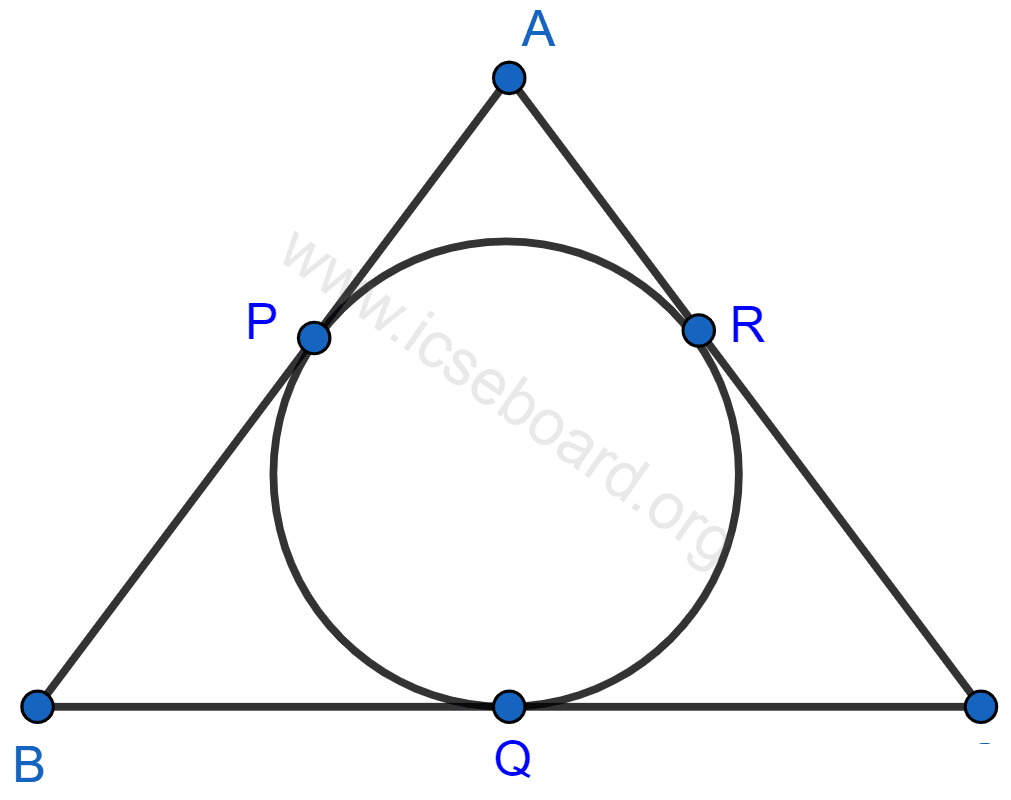From the figure, prove that AP + BQ + CR = BP + CQ + AR. Also, show that AP + BQ + CR = 1/2 x Perimeter of triangle ABC. Tangents and Intersecting Chords, Concise Mathematics Solutions ICSE Class 10.