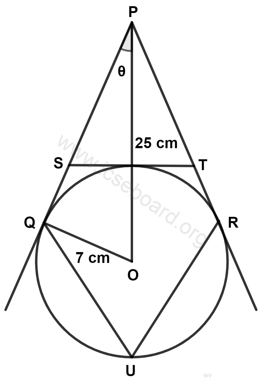 ICSE Maths Solved Competency Focused Questions Solutions Class 10 Chapter 3 Short Answer Questions 2 5 In the adjoining diagram PQ, PR and ST are the tangents to the circle with centre O and radius 7 cm. Given OP = 25 cm. Find : Maths Competency Focused Practice Questions Class 10 Solutions.